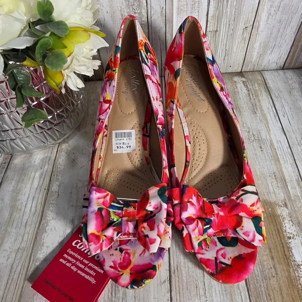 Dexflex Comfort Womens Floral Peep Toe Wedge Shoes Pink Multicolor Bow Size 8.5